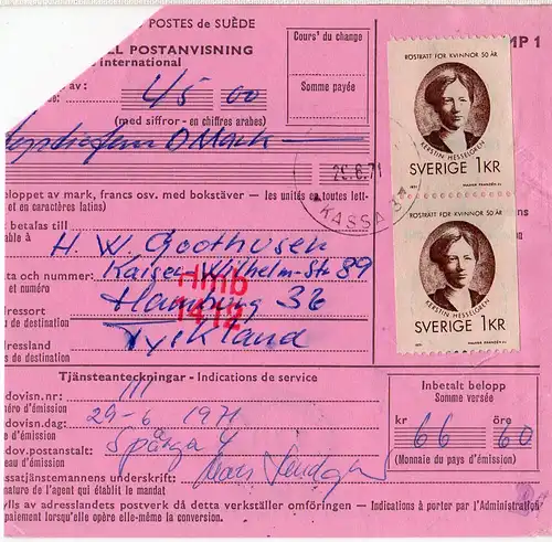 Schweden 1971, MeF Paar 70 öre Frauenwahlrecht auf Internationaler Postanweisung