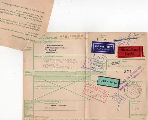 BRD 1972, Luftpost Eilboten Paketkarte v. Stuttgart m. Schweden Porto-Formular