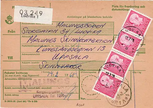 Schweden 1968, MeF 4er-Streifen 70 öre auf Paketkarte v. LUDVIKA