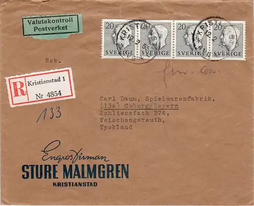 Schweden 1953, MeF 4er-Streifen 20 öre auf Einschreiben Brief v. KRISTIANSTAD
