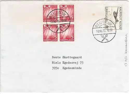 Grönland 1976, Schiffspost Stpl. M/S KUNUNGUAK auf Brief m. 80+4er-Block 5 öre