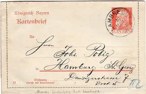 Bayern 1915, 10 Pf Kartenbrief Ganzsache v. Lambrecht m. Absender v. Lindenberg