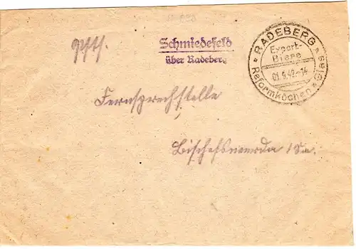 DR 1942, Landpost Stpl. SCHMIEDEFELD über Radeberg auf Brief m. Werbestempel