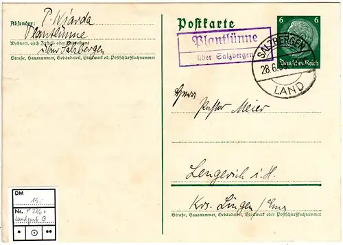 DR 1939, Landpost Stpl. PLANTLÜNNE über Salzbergen auf 6 Pf. Ganzsachenkarte