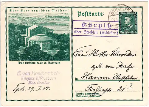 DR 1938, Landpost Stpl. BOBBIN über Sagard Rügen auf 6 Pf Bild-Ganzsachenkarte