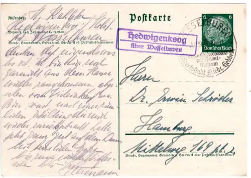 DR 1939, Landpost Stpl. HEDWIGENKOOG über Wesselburen auf 6 Pf. Ganzsachenkarte