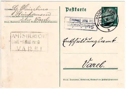 DR 1938, Landpost Stpl. STEINHAUSEN über Varel auf 6 Pf. Ganzsachenkarte