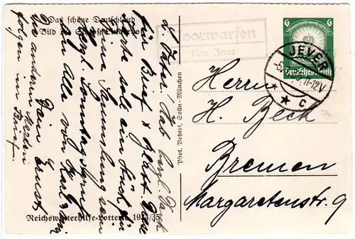 DR 1935, Landpost Stpl. MOORWARFEN über Jever auf 6 Pf. Bild-Ganzsachenkarte 