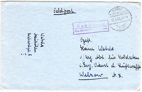 DR 1944, Landpost Stpl. SCHWERIN über Königs Wusterhausen auf FP-Brief