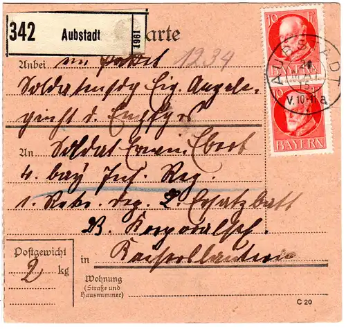 Bayern 1915, MeF 2x10 Pf. Friedensdr. auf Soldaten-Paketkarte v. AUBSTADT. Gepr.