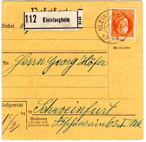 Bayern 1917, EF 30 Pf. Kriegsdruck auf Paketkarte v. KLEINLANGHEIM. Geprüft.