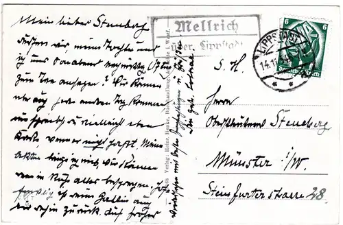 DR 1934, Landpost Stpl. MELLRICH über Lippstadt auf Karte m. 6 Pf. 
