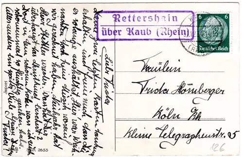 DR 1934, Landpost Stpl. RETTERSHAIN über Kaub auf Karte m. 6 Pf. 