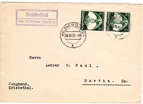 DR 1935, Landpost Stpl. KRIEBETHAL über Waldheim Sachsen auf Brief m. 2x6 Pf. 