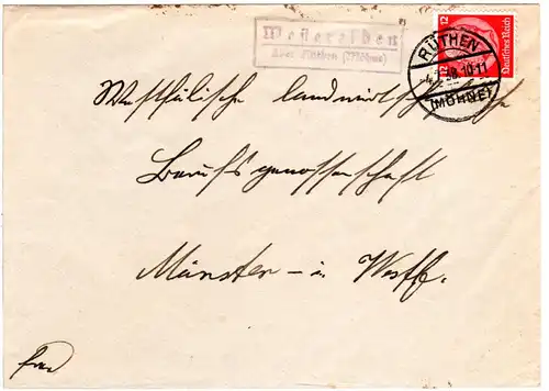 DR 1938, Landpost Stpl. Westereiden über Rüthen auf Brief m. 12 Pf.