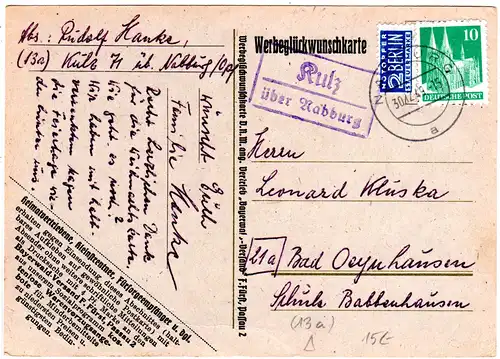 BRD 1949, Landpost Stpl. KULZ über Nabburg auf Karte m. 10 Pf.+2 Pf. Notopfer
