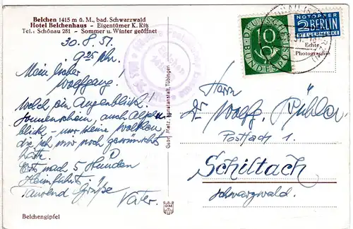 BRD 1951, BELCHEN Höchste Posthilfstelle Badens auf AK m. 10 Pf u. Stpl. Schönau