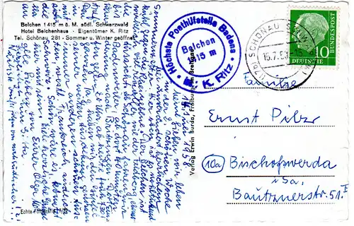 BRD 1958, BELCHEN Höchste Posthilfstelle Badens auf AK m. 10 Pf u. Stpl. Schönau