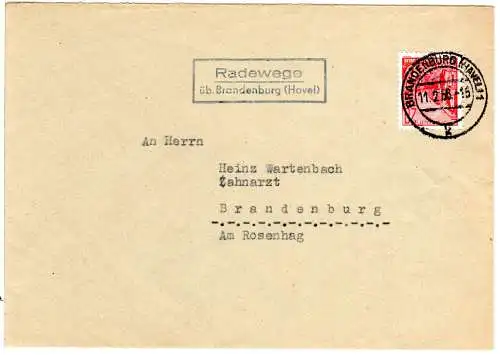 DDR 1956, Landpost Stpl. RADEWEGE üb. Brandenburg (Havel) auf Brief m. 20 Pf.