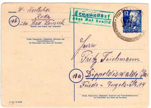 DDR 1949, Landpost Stpl. FRAUENDORF über Bad Lansick auf 12 Pf. Ganzsache