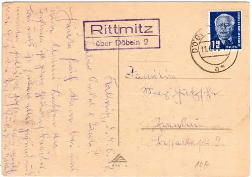 DDR 1952, Landpost Stpl. RITTMITZ über Döbeln 2 auf Karte m. 12 Pf.