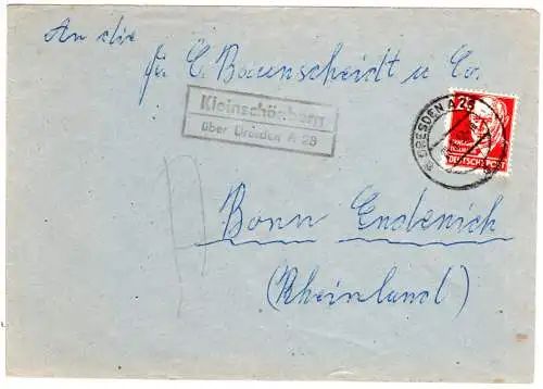 DDR 1952, Landpost Stpl. KLEINSCHÖNBERG über Dresden A 28 auf Brief m. 24 Pf. 