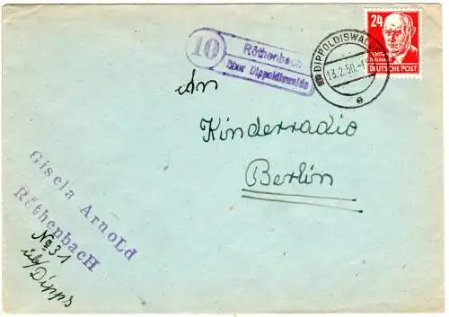 DDR 1950, Landpost Stpl. 10 RÖTHENBACH über Dippoldiswalde auf Brief m. 24 Pf.