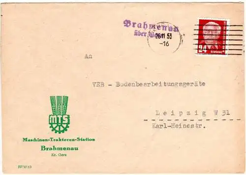 DDR 1953, Landpost Stpl. BRAHMENAU über GERA auf Brief m. 24 Pf.