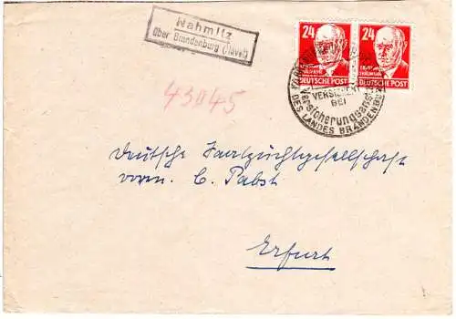 DDR 1950, Landpost Stpl. NAHMITZ über Brandenburg (Havel) auf Brief m. 2x24 Pf.