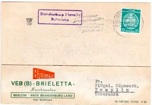 DDR 1960, Landpost Stpl. Brandenburg (Havel) BUTTERLAKE auf Karte m.10 Pf.