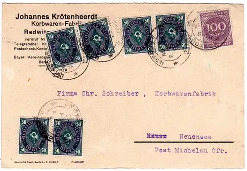 DR 1923, 100+6x50 Mk. auf Firmenkarte m. K2 REDWITZ a. RODACH. Geprüft