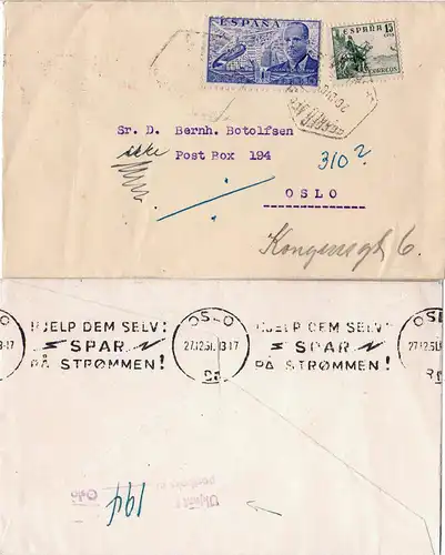 Spanien 1951, 1 Pta.+15 C. auf unzustellbarem Luftpost Brief n. Oslo, Norwegen