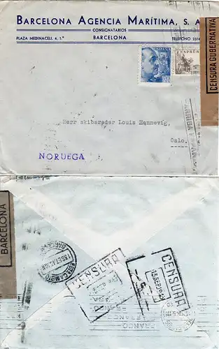 Spanien 1945, 70+15 C. auf Firmen Zensur Brief v. Barcelona n. Oslo, Norwegen