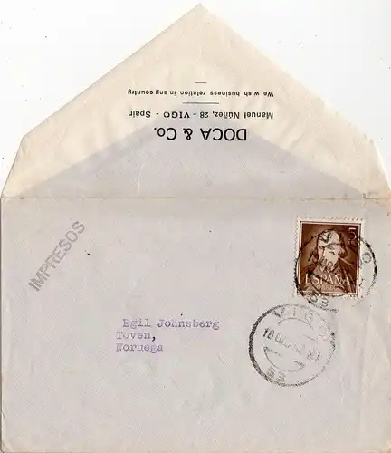 Spanien 1953, 5 C. auf Drucksachen Umschlag v. VIGO n. Norwegen