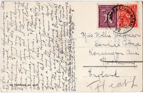 Schloss Neuschwanstein, 1922 m. 50 Pf.+3 Mk. v. Hohenschwangau n. GB gebr. sw-AK