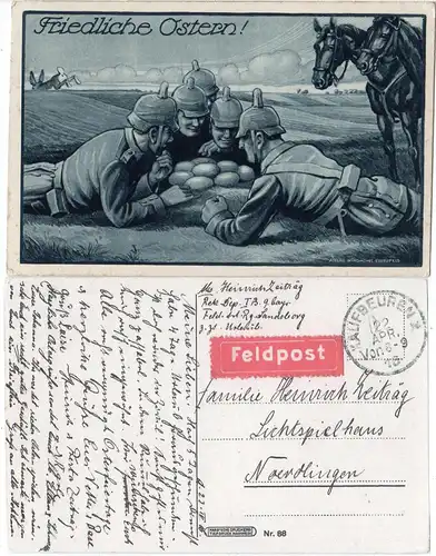 Friedliche Ostern!, 1916 v. KAUFBEUREN m. Feldpost gebr. sw-AK