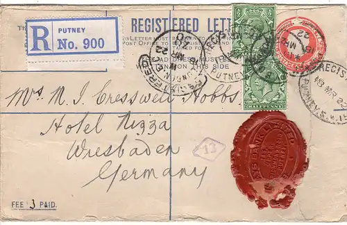 GB 1922, 2x1/2d Zusatzfr. auf Reko Ganzsache Brief v. PUTNEY