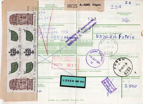 Österreich 1971, Paketkarte v. FÜGEN m. Schweden Nachporto u. Postformular