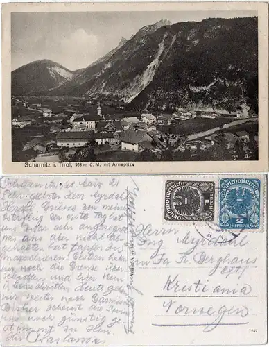 Österreich, Scharnitz Gesamtansicht, 1921 n. Norwegen gebr. sw-AK