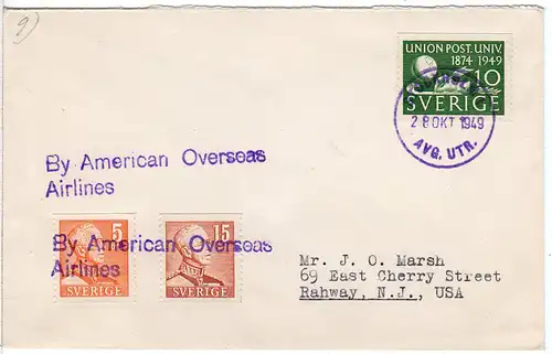 Schweden 1949, By American Overseas Airlines cover from Stockholm to US