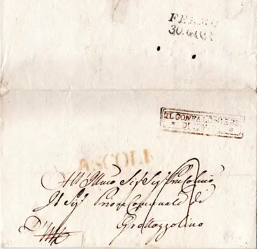 Italien Kirchenstaat 1832, roter L1 ASCOLI auf Porto Brief n. Grottozzolina