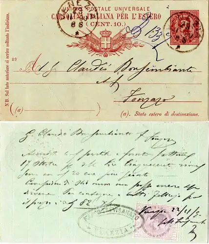 Italien 1890, 10 C. Ganzsache v. VENEZIA m. rücks. 10 C. Umberto Steuermarke