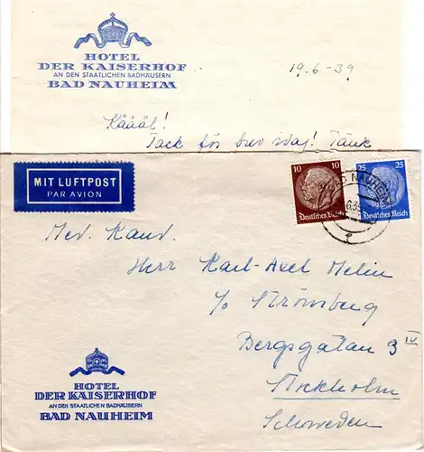 DR 1939, 10+25 Pf. auf Luftpost Hotel Brief v. Bad Nauheim n. Schweden