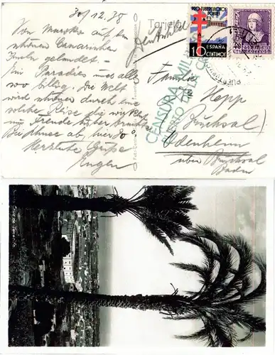 Spanien 40 C.+10 C. Tuberkulose auf Zensur Karte v. Puerto de la Cruz Tenerife