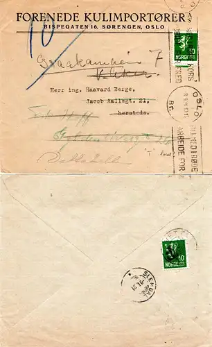 Norwegen 1931, Orts Brief m. Nachsendung v. Oslo m. rücks. 10 öre Portomarke