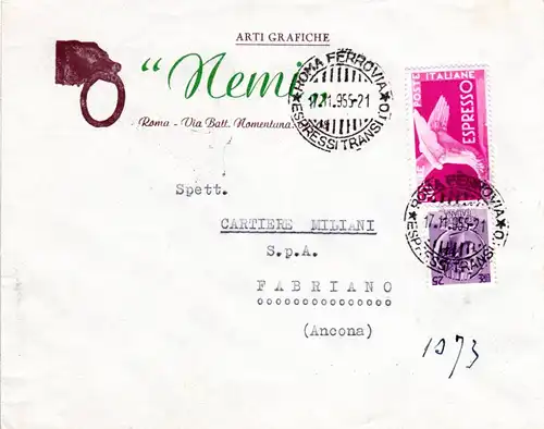 Italien 1955, 25+50 L. Espresso auf Arti Grafiche Firmenbrief v. Rom
