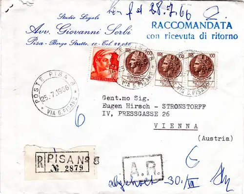 Italien 1966, 4 Marken auf Reko-AR Brief v. Pisa n. Österreich