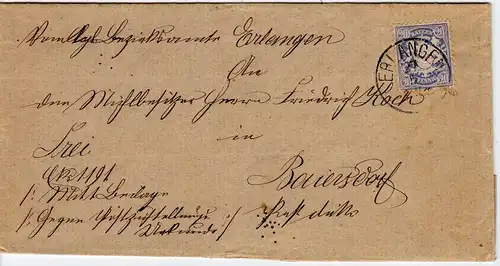 Bayern 1886, EF 20 Pf. auf Doppel Brief v. Erlangen n. Baiersdorf