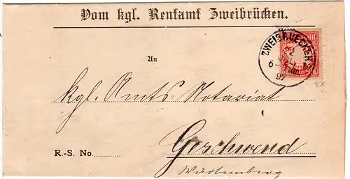 Bayern 1897, K1 ZWEIBRUECKEN auf Amtsbrief m. 10 Pf. n. Geschwend Württemberg