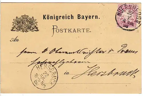 Bayern 1888, EF 5 Pf. A-Zähnung auf Karte v. Nürnberg